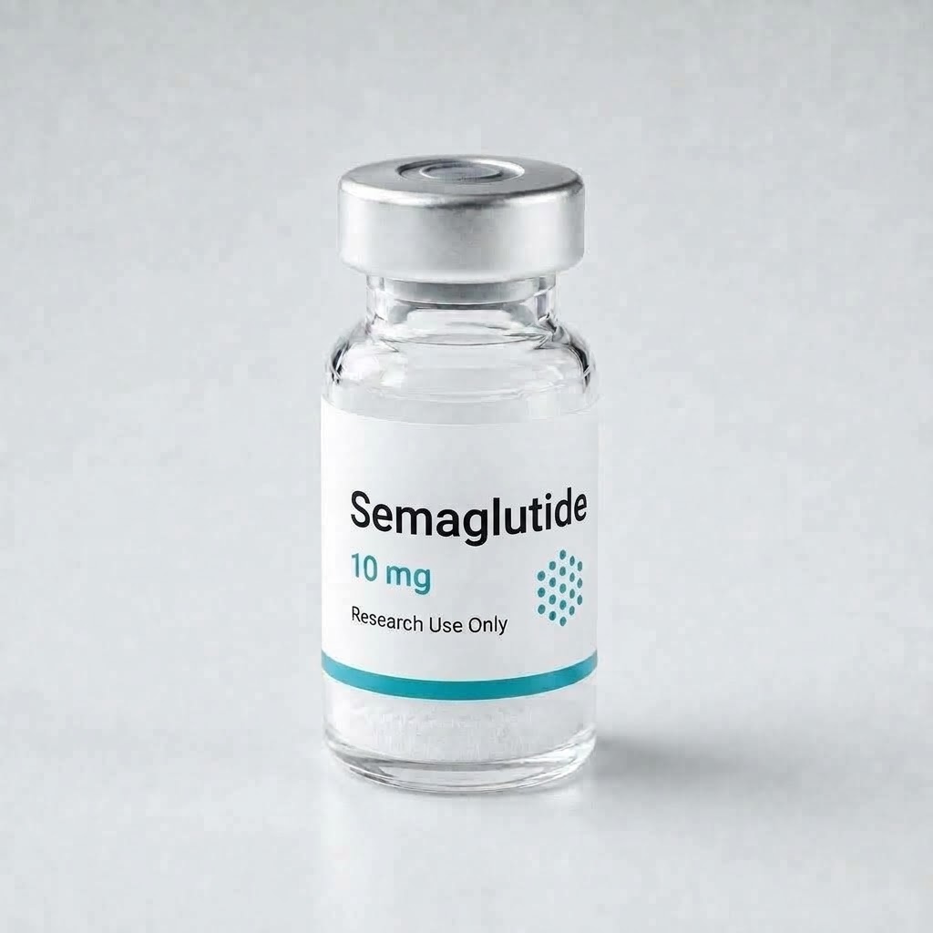 Research vial labelled Semaglutide containing white lyophilised powder
