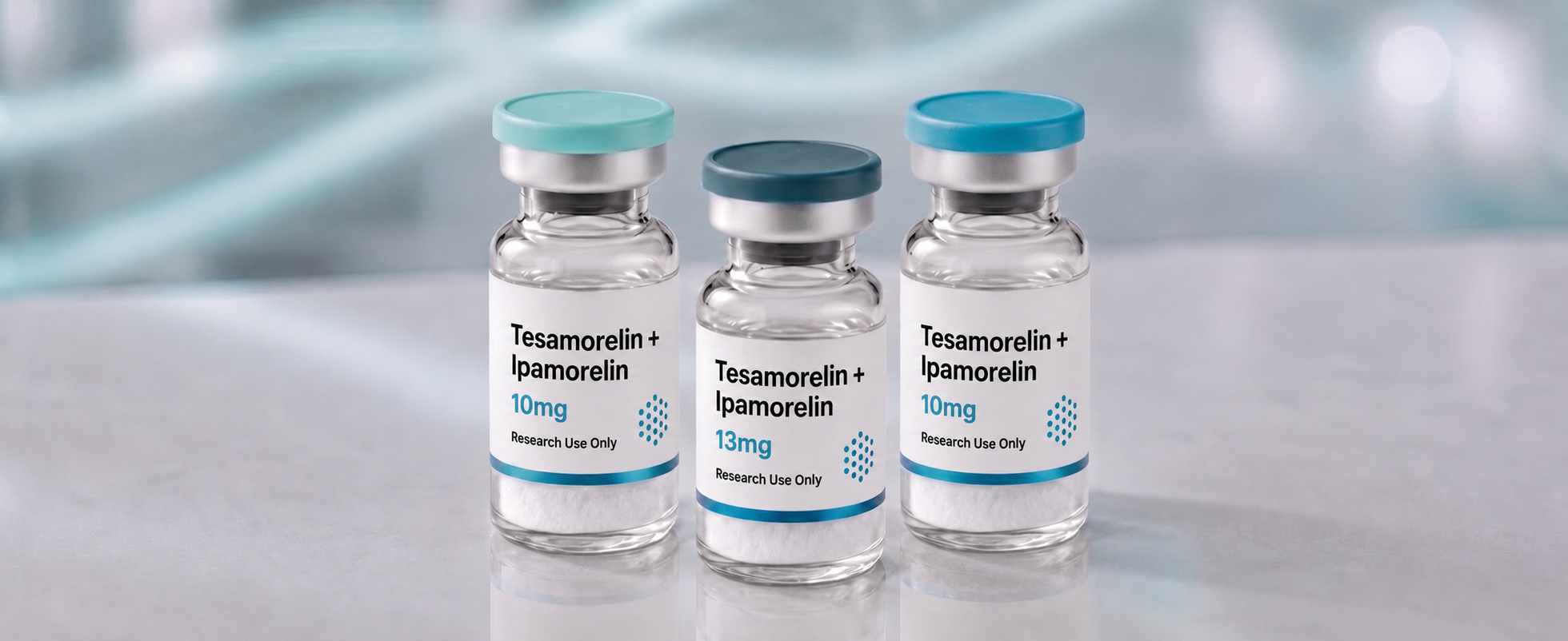 A row of Tesamorelin + Ipamorelin blend research vials, mock product photograph