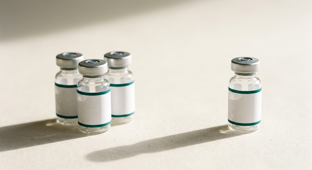 Four small clear glass vials with silver caps and blank white labels grouped together on a warm off-white surface, with a fifth vial standing apart.