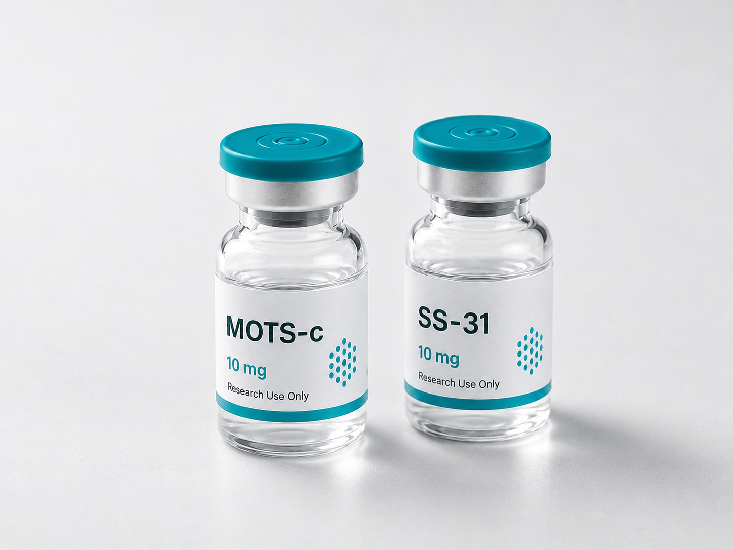 MOTS-c and SS-31 vials side by side on a white surface