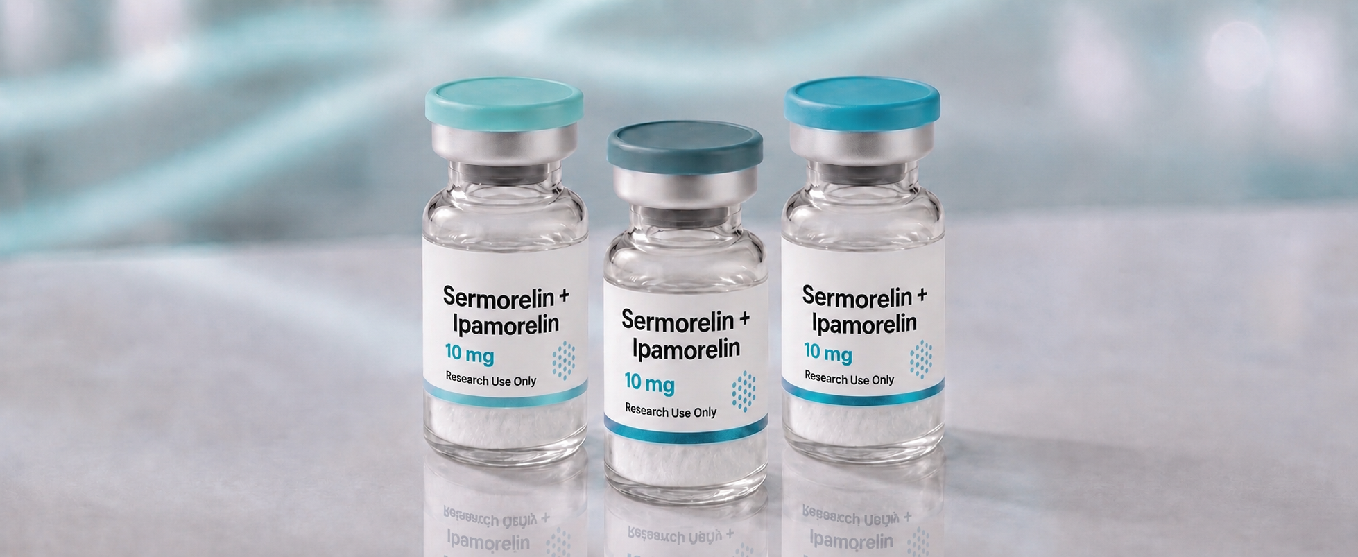 A row of Sermorelin + Ipamorelin blend research vials, mock product photograph