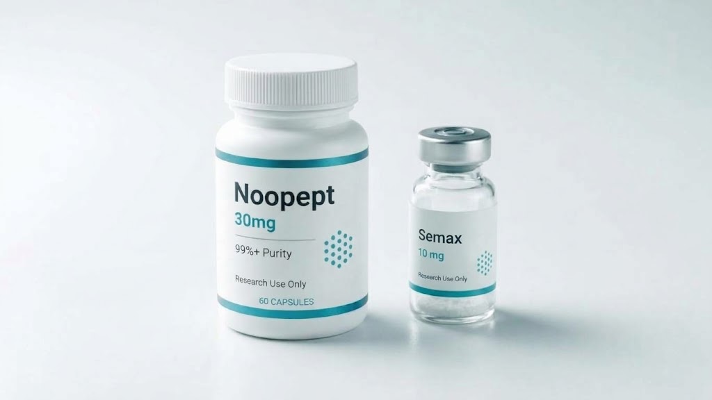 A bottle of Noopept 30 mg capsules beside a Semax 10 mg vial on a plain light surface