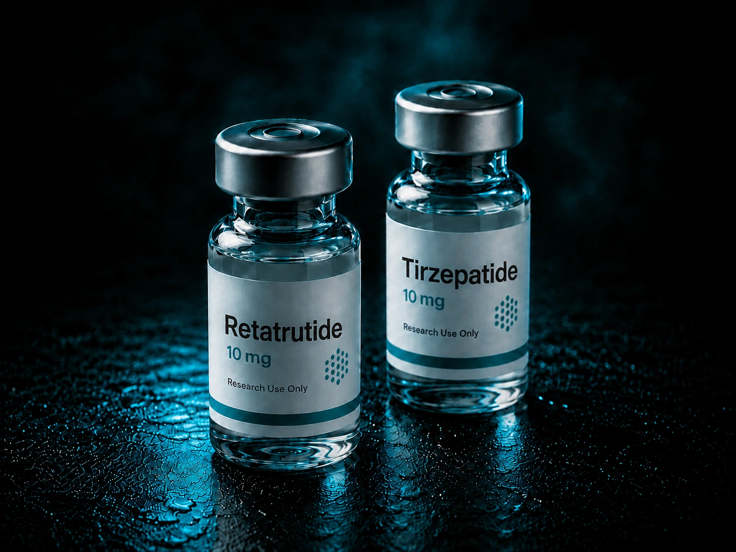 Two research vials labeled Retatrutide and Tirzepatide, ten milligrams each, on a dark reflective surface