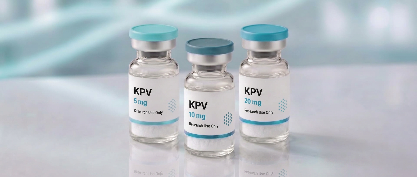 A row of KPV research vials, mock product photograph