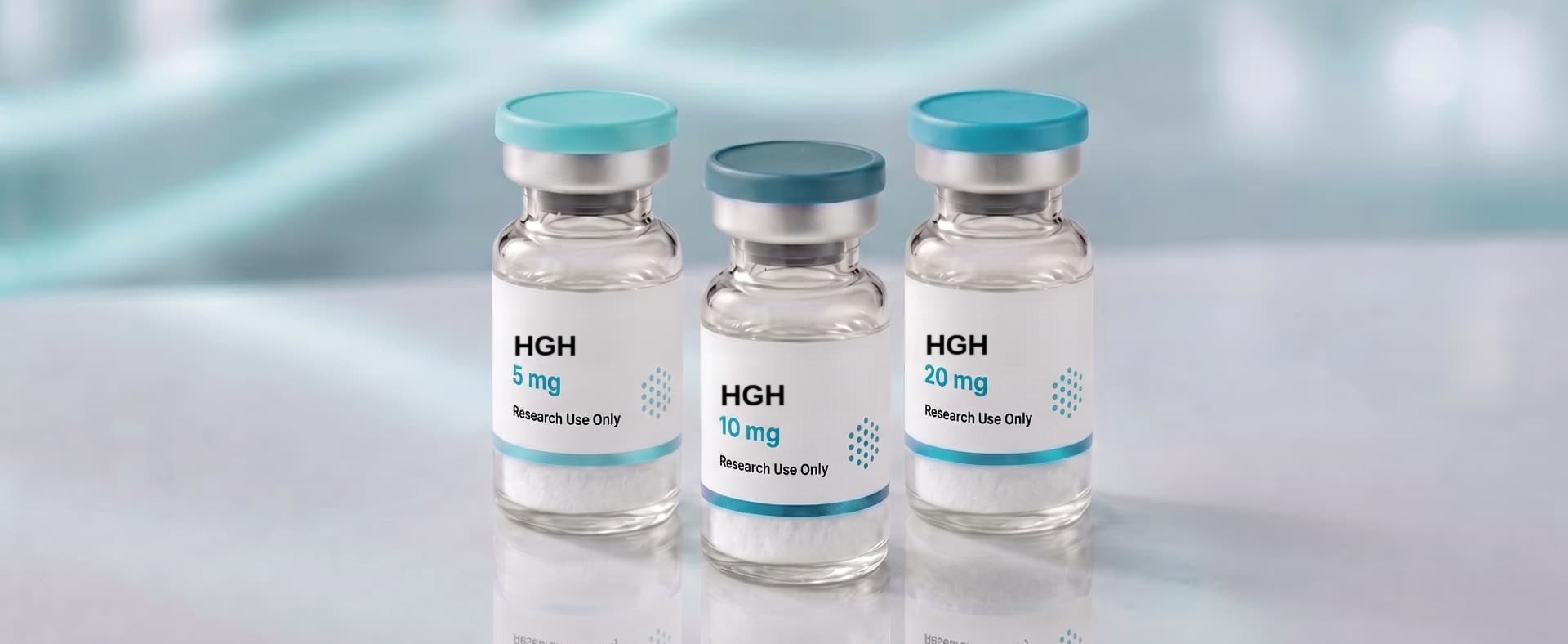 A row of HGH (Somatropin) research vials, mock product photograph