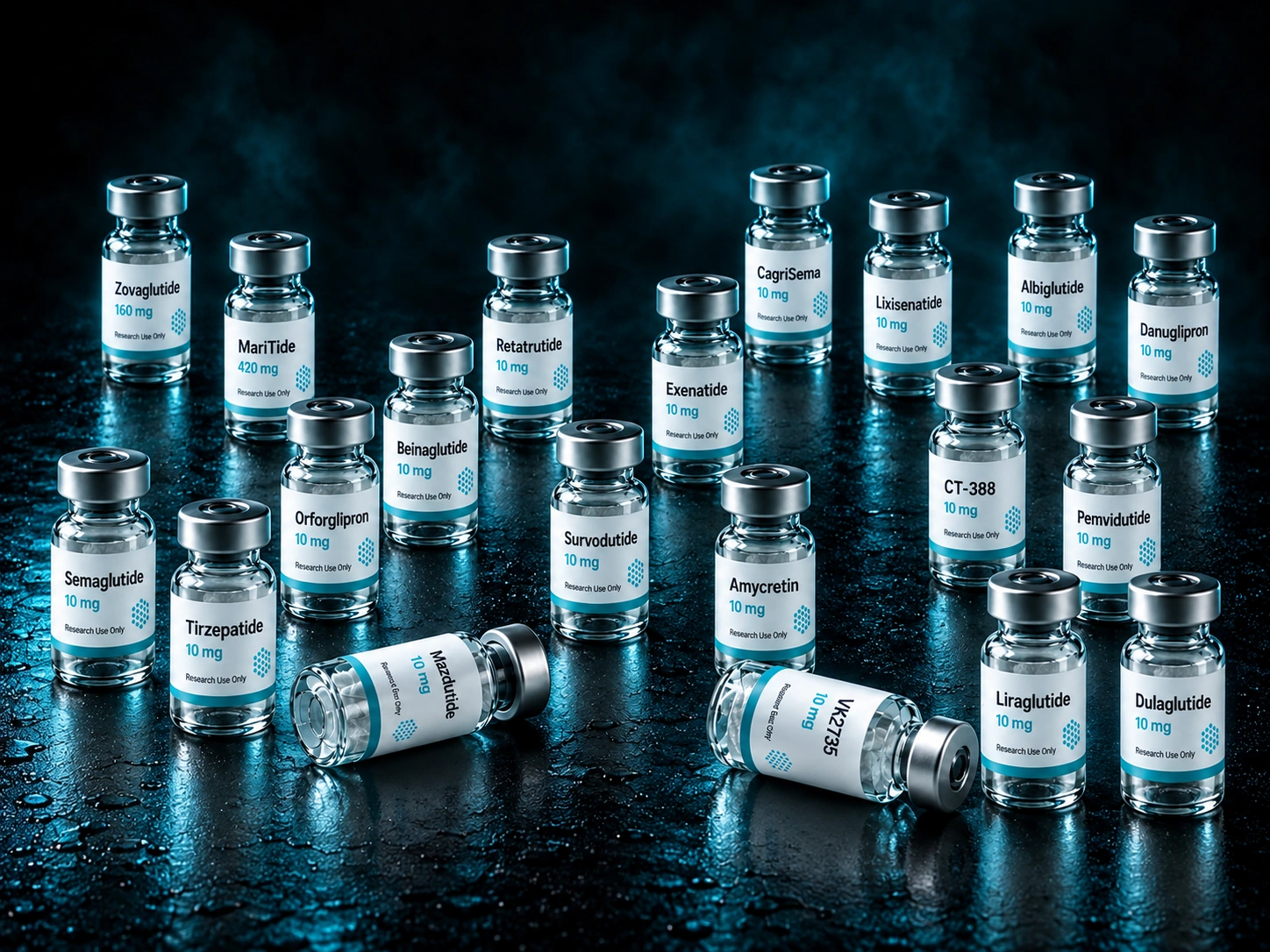 Twenty research vials representing each GLP-1 receptor agonist, arrayed on a reflective surface