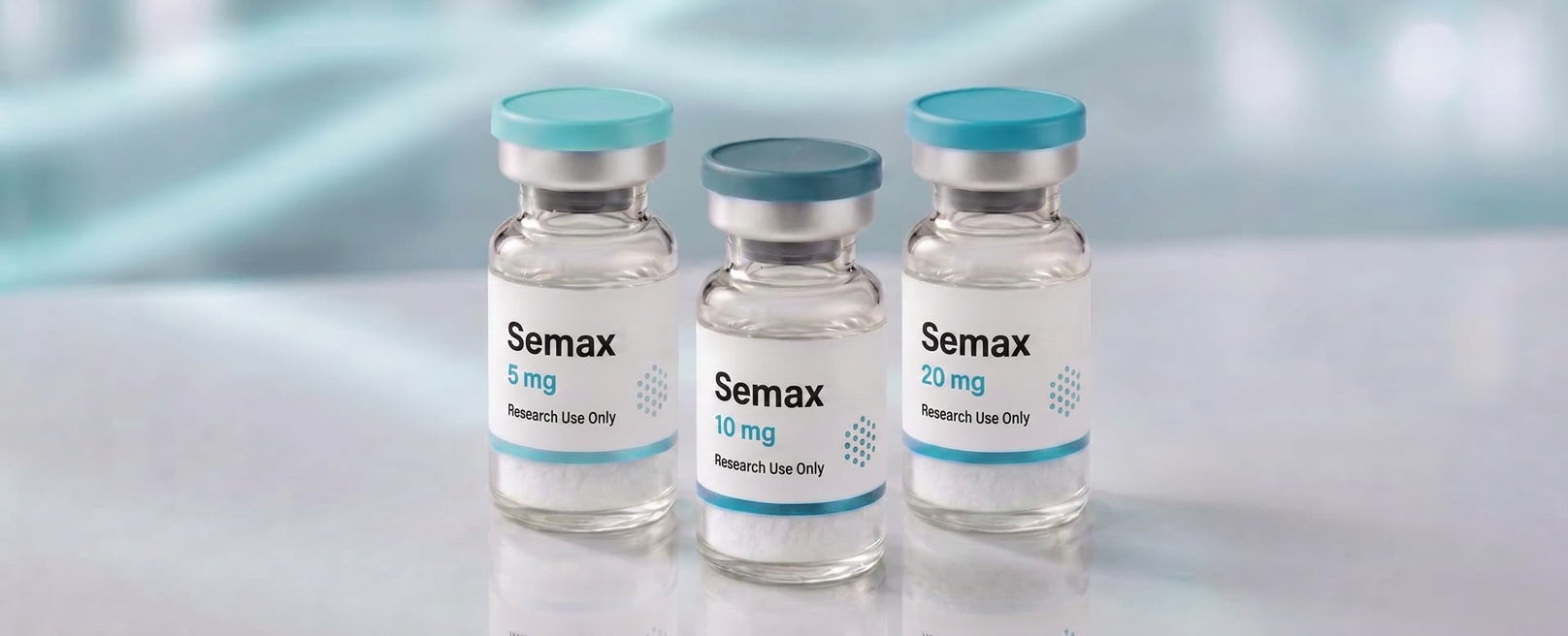 A row of Semax research vials, mock product photograph