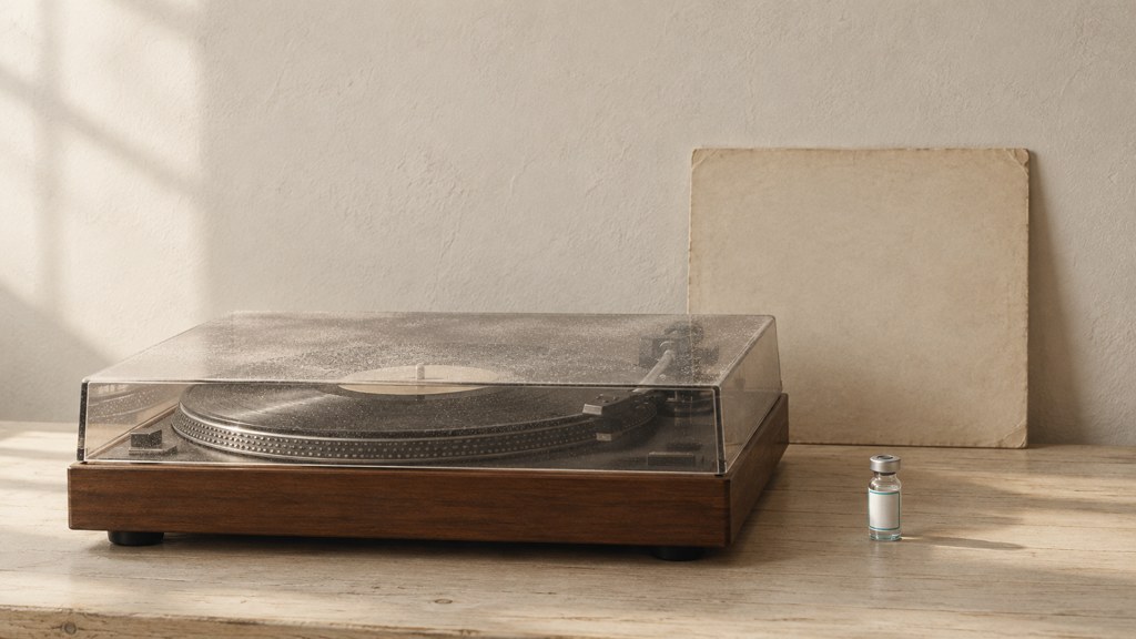 A dusty record player sitting unused in daylight beside a single small peptide vial