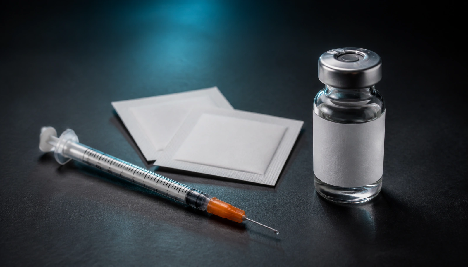An insulin syringe, two sealed alcohol swab packets and a small unlabelled vial on a dark surface.