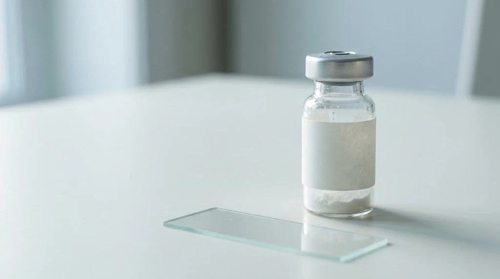 An unlabeled vial beside a microscope slide on a pale laboratory surface