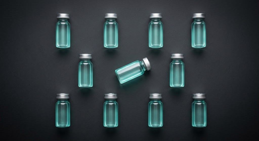Eleven small glass vials filled with teal liquid with silver caps arranged on a dark surface, one lying on its side in the center