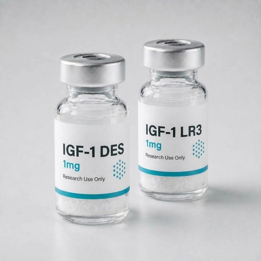 IGF-1 DES and IGF-1 LR3 vials side by side on a white surface