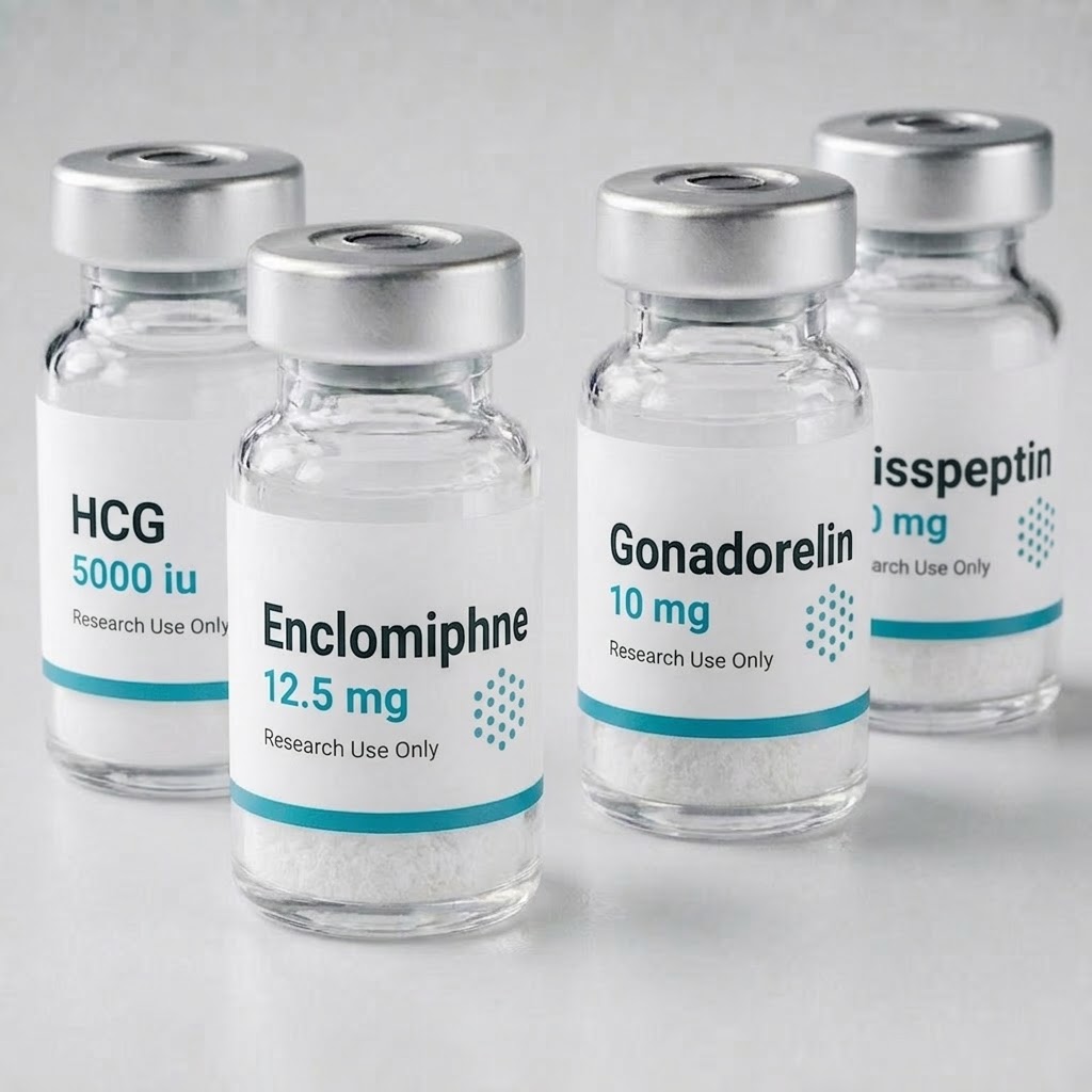 Enclomiphene, HCG, gonadorelin and kisspeptin vials together on a white surface