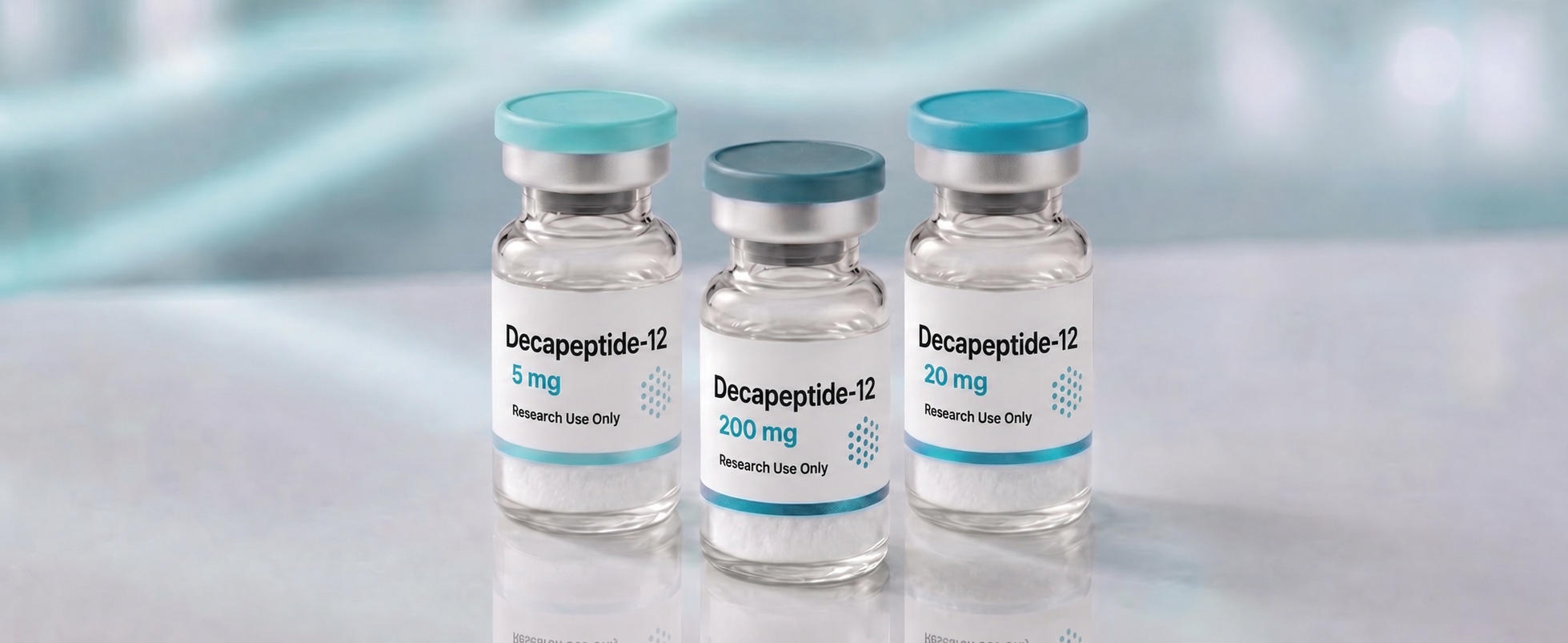 A row of Decapeptide-12 (Lumixyl) research vials, mock product photograph