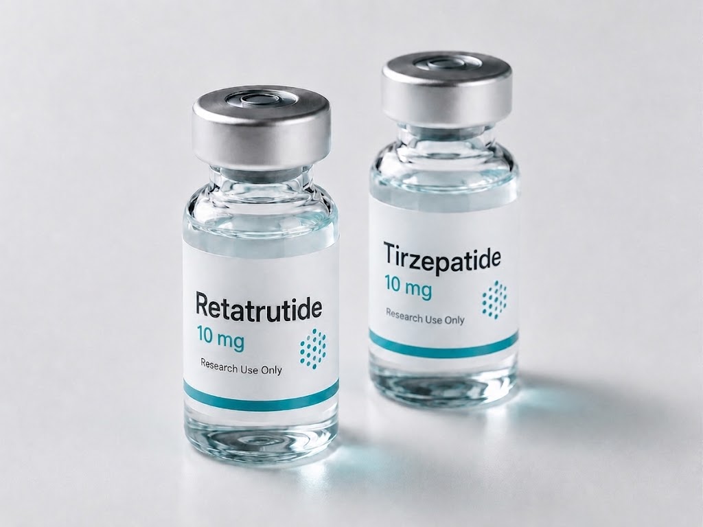 Retatrutide and tirzepatide vials side by side on a white surface