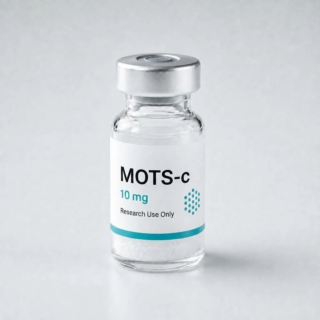 Research vial labeled MOTS-c containing white lyophilized powder
