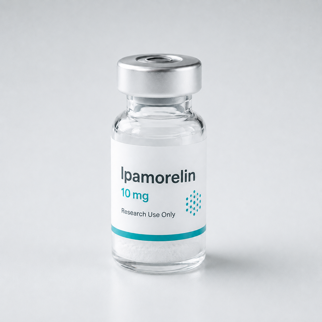 Research vial labeled Ipamorelin containing white lyophilized powder