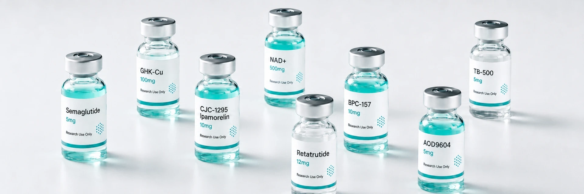 Labeled peptide research vials: Semaglutide, GHK-Cu, CJC-1295 Ipamorelin blend, NAD+, Retatrutide, BPC-157, AOD9604, and TB-500