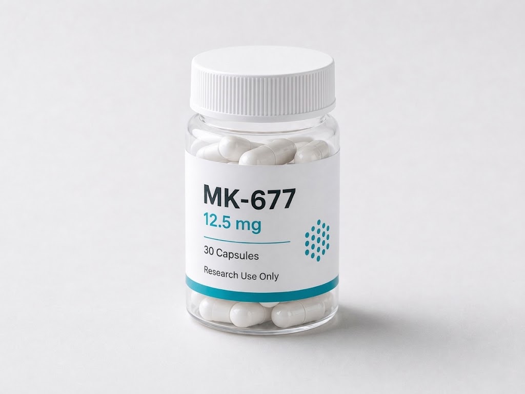 A bottle of MK-677 capsules, 12.5 milligrams each
