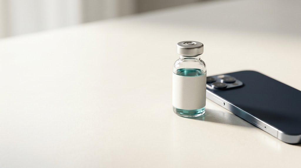 An unlabelled peptide vial beside a face-down phone