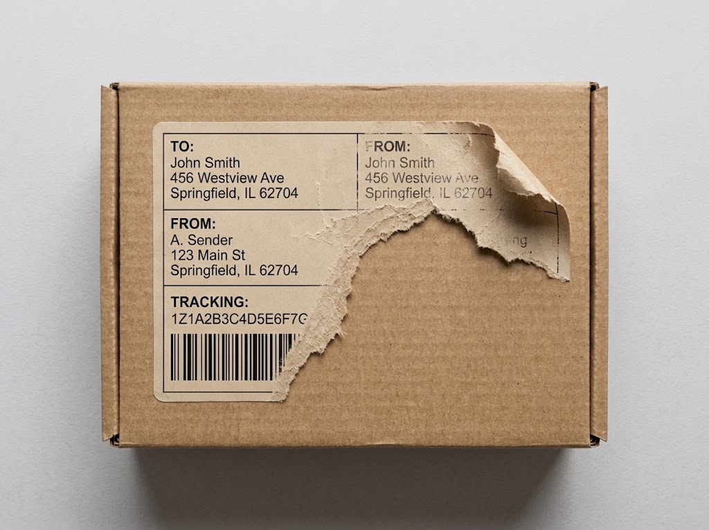 A sealed cardboard shipping box with a torn shipping label peeling away from the front.