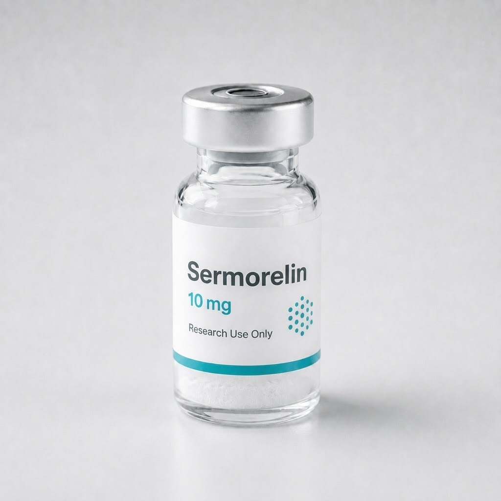 Research vial labeled Sermorelin 10 mg containing white lyophilized powder