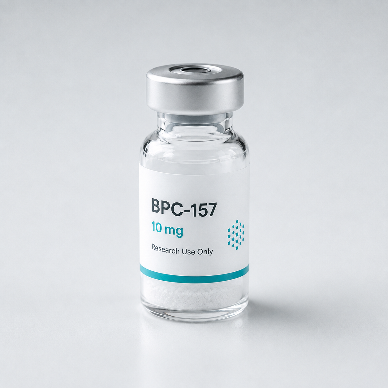 Research vial labeled BPC-157, ten milligrams, containing white lyophilized powder