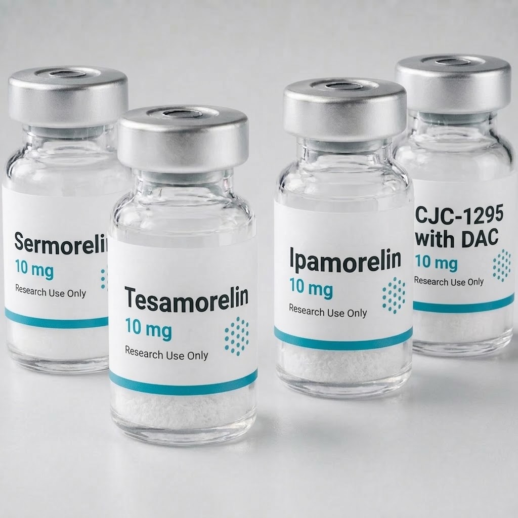 Sermorelin, tesamorelin, ipamorelin and CJC-1295 vials together on a white surface