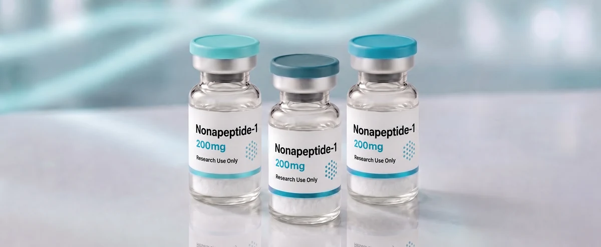 A row of Nonapeptide-1 (Melanostatine-5) research vials, mock product photograph