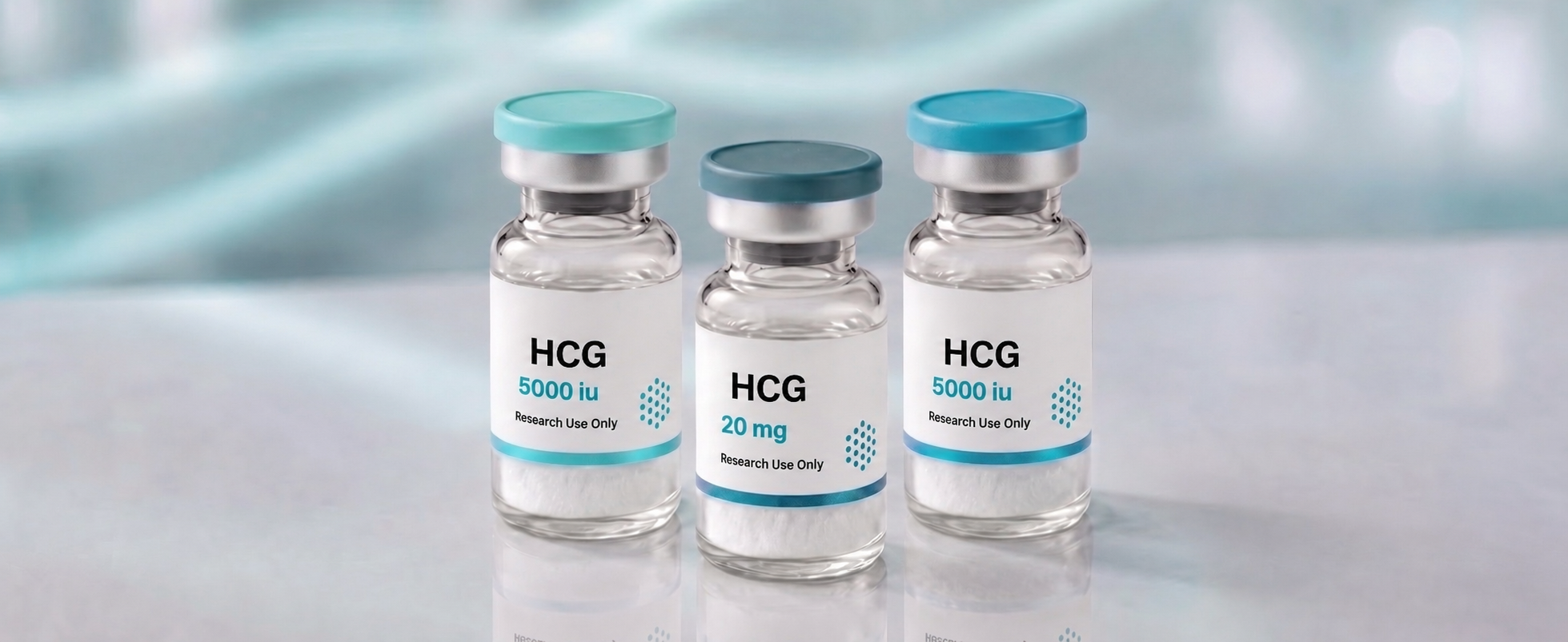 A row of HCG (Human Chorionic Gonadotropin) research vials, mock product photograph