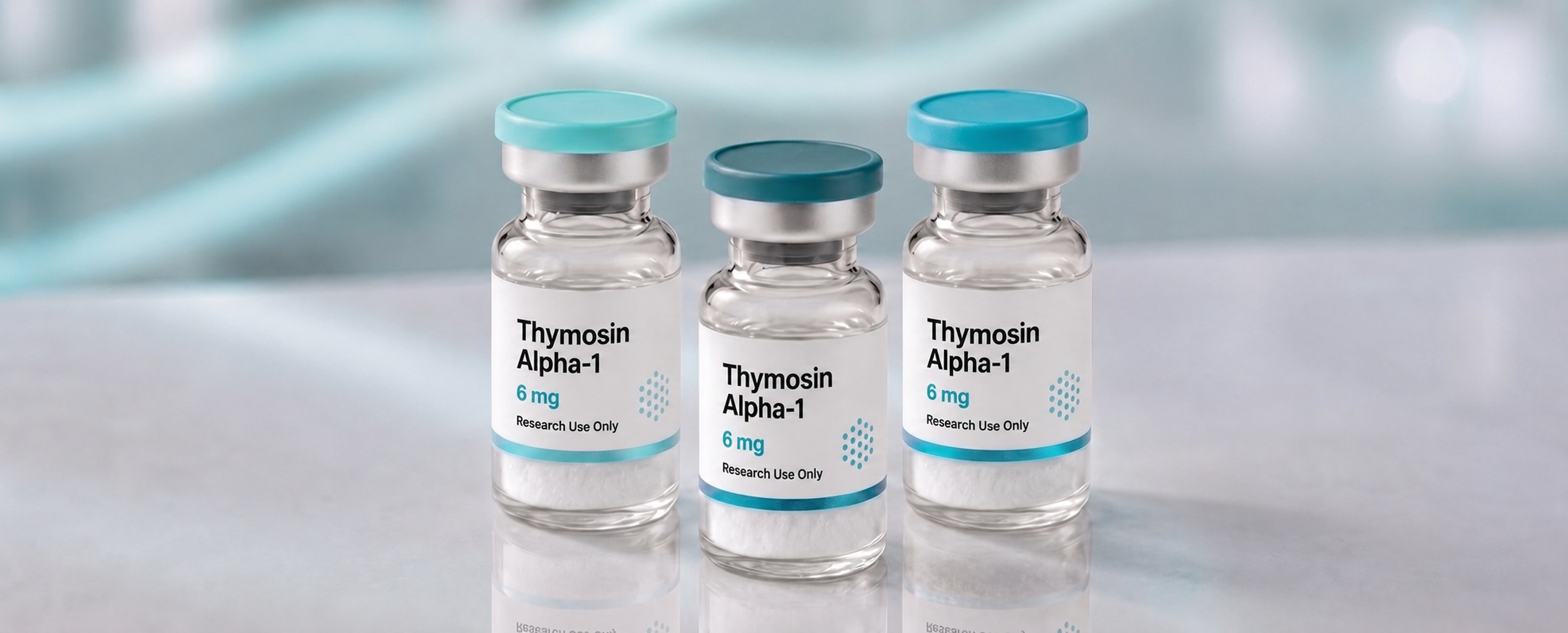 A row of Thymosin Alpha-1 research vials, mock product photograph