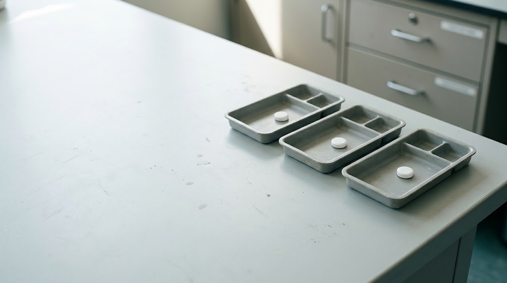 Three white tablets in separate metal trays on a clinical work surface