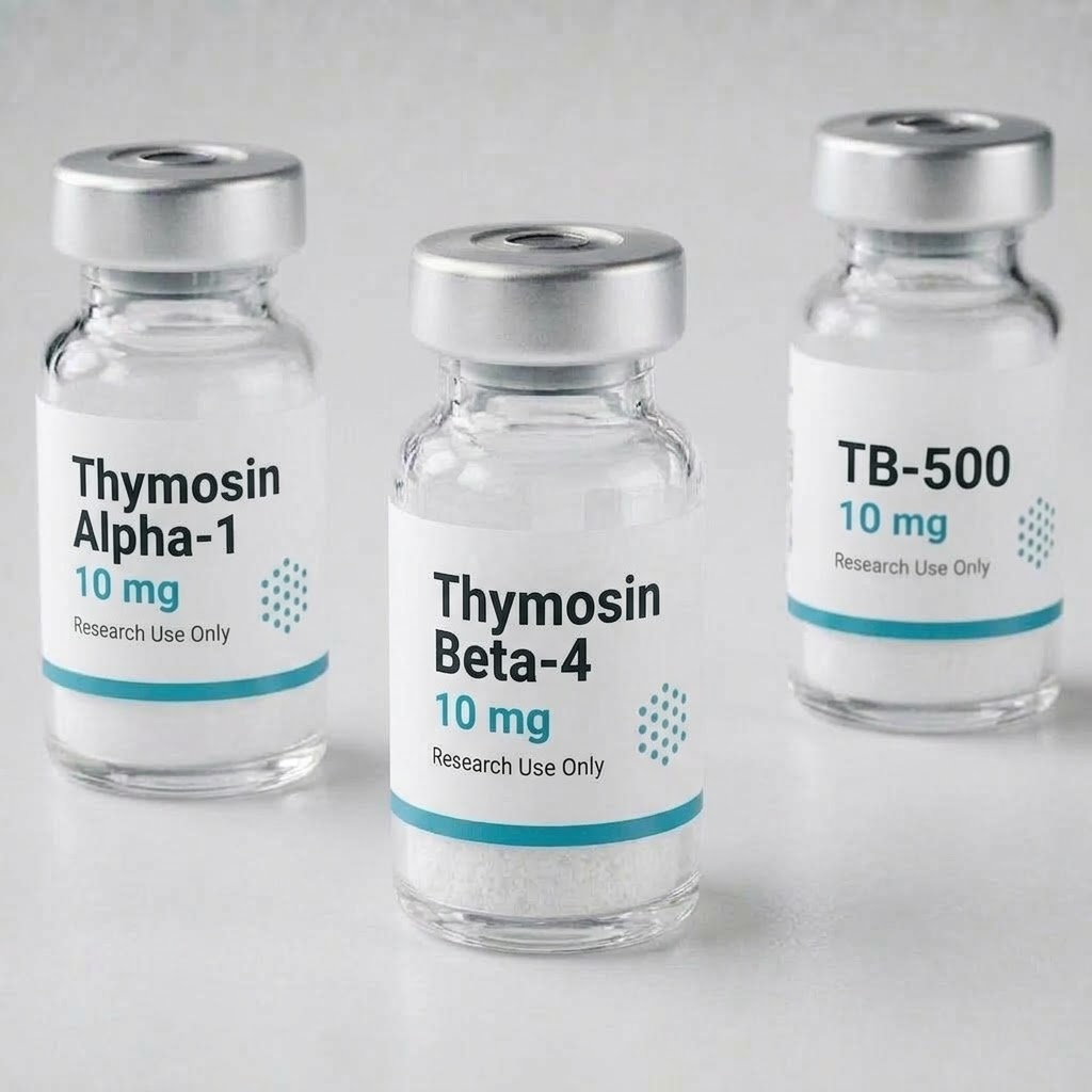Thymosin Alpha-1, Thymosin Beta-4 and TB-500 vials side by side on a white surface