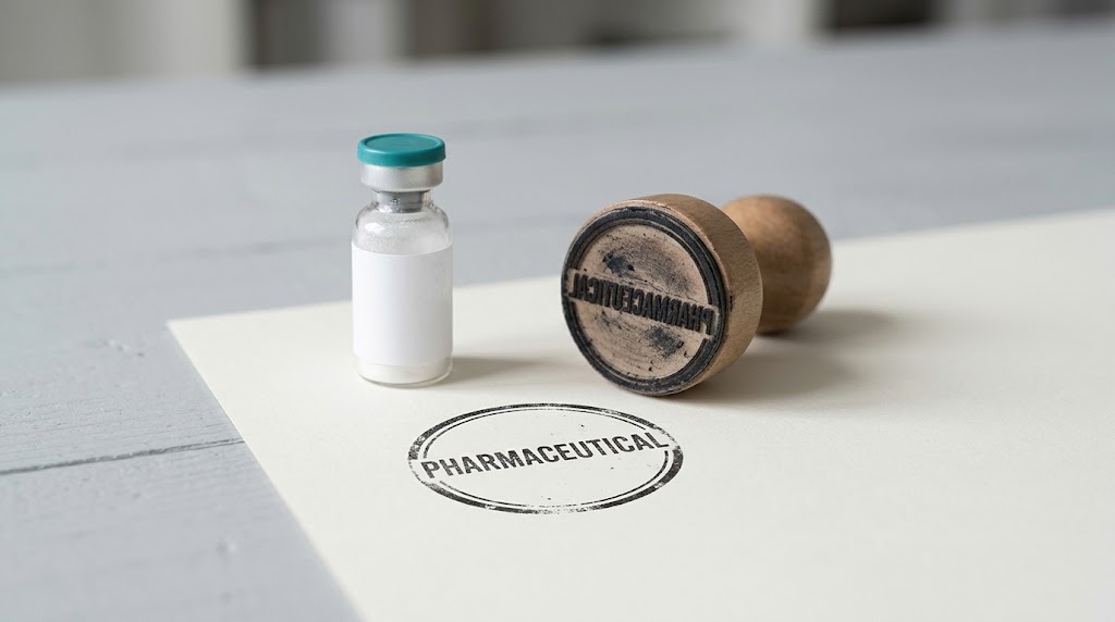 A glass vial beside a wooden rubber stamp that has stamped the word PHARMACEUTICAL in an oval on a sheet of paper