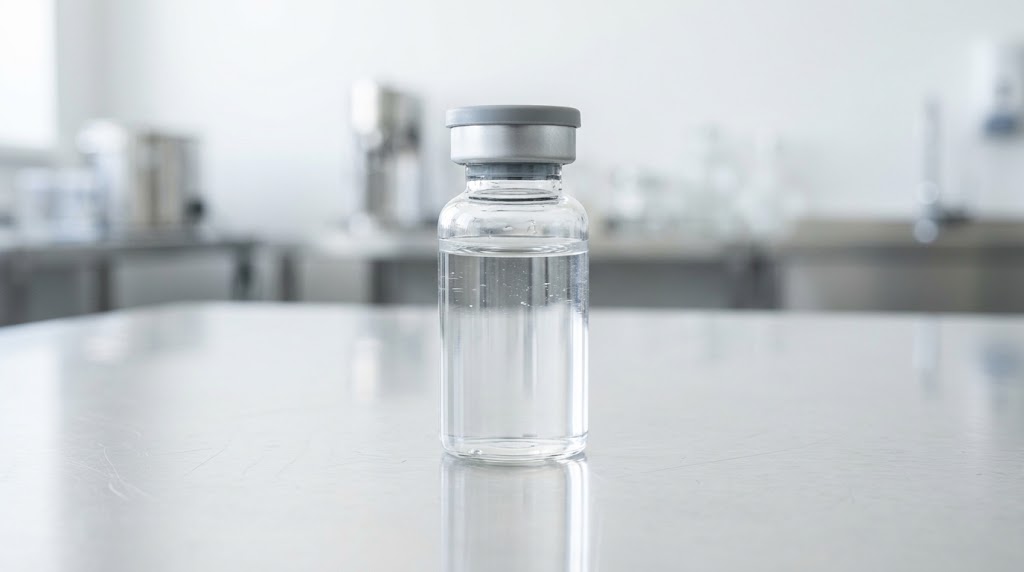 A single clear vial on a stainless laboratory bench
