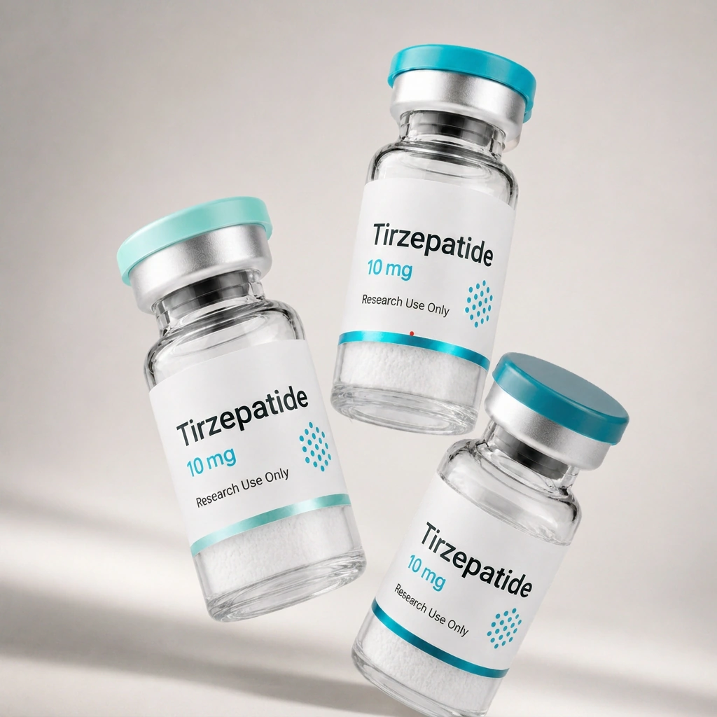 Tirzepatide vial, mock product photograph, view 3