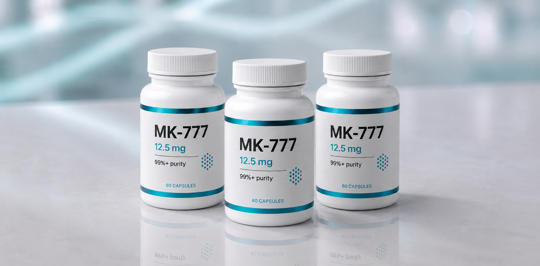 A row of MK-777 research vials, mock product photograph
