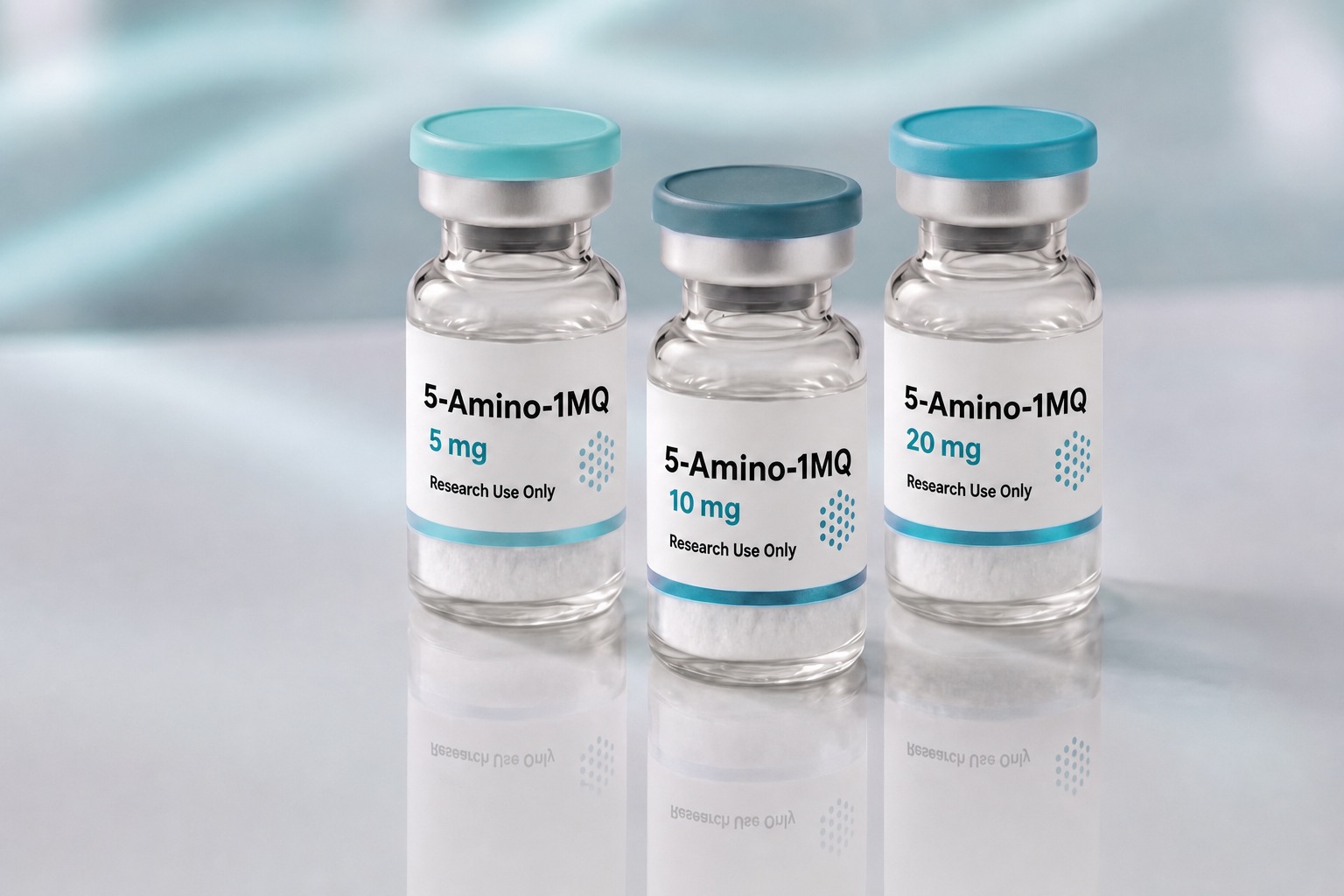 A row of 5-Amino-1MQ research vials, mock product photograph