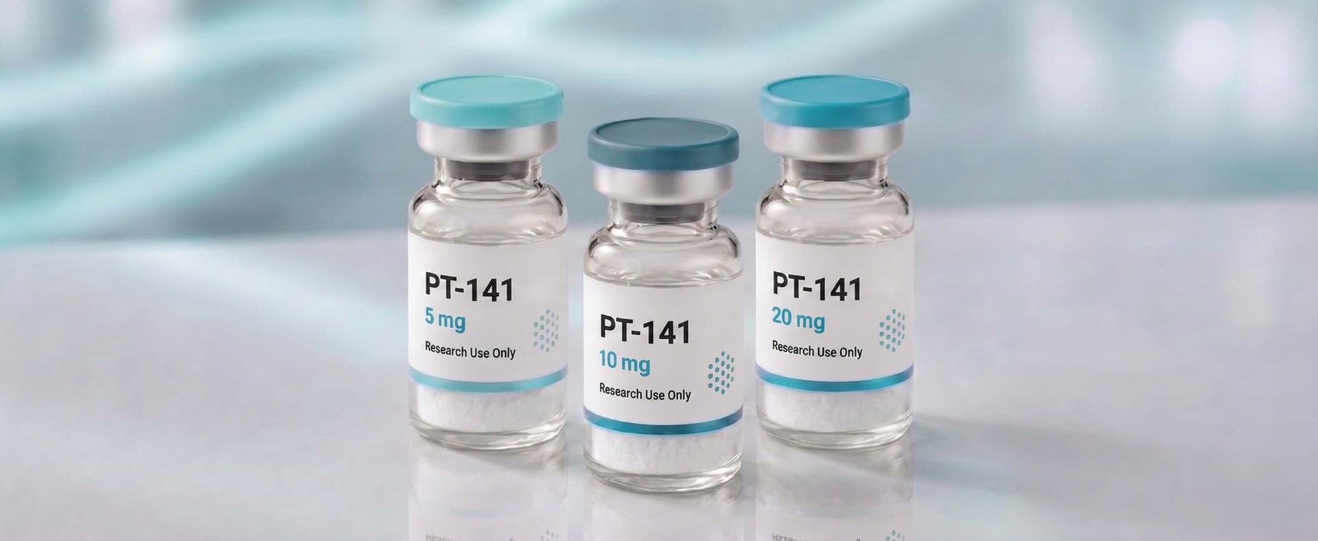 A row of PT-141 (Bremelanotide) research vials, mock product photograph