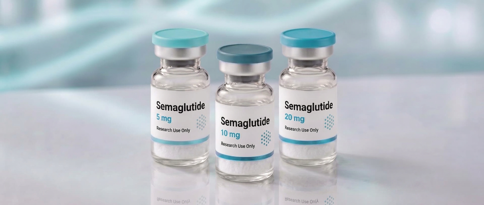 A row of Semaglutide research vials, mock product photograph