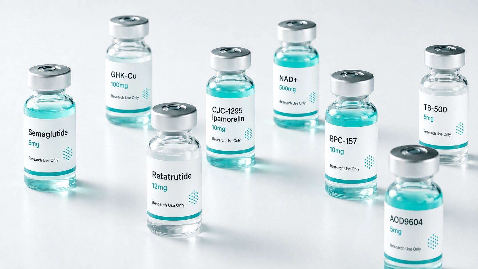 Studio lineup of peptide vials including Semaglutide, BPC-157, Retatrutide, GHK-Cu, CJC-1295, and Ipamorelin