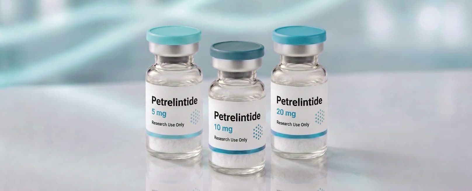 A row of Petrelintide research vials, mock product photograph