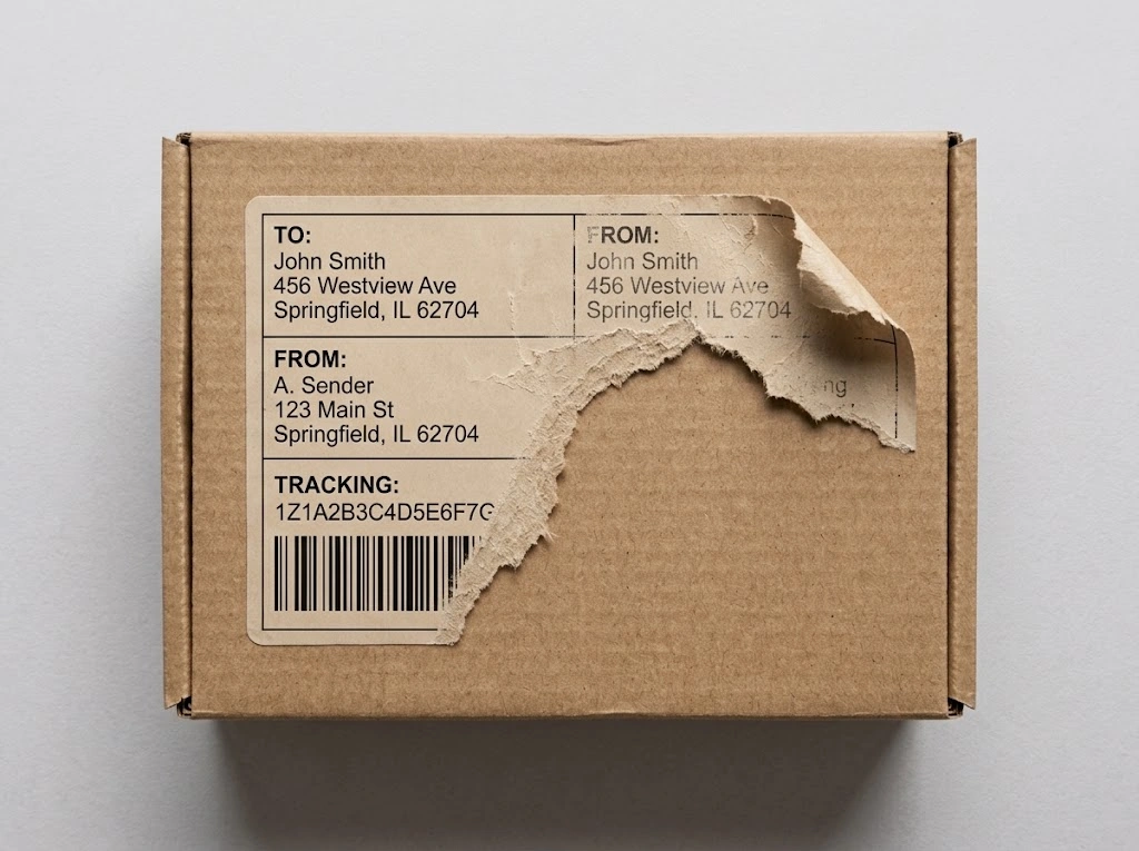 A sealed cardboard shipping box with a torn shipping label peeling away from the front.