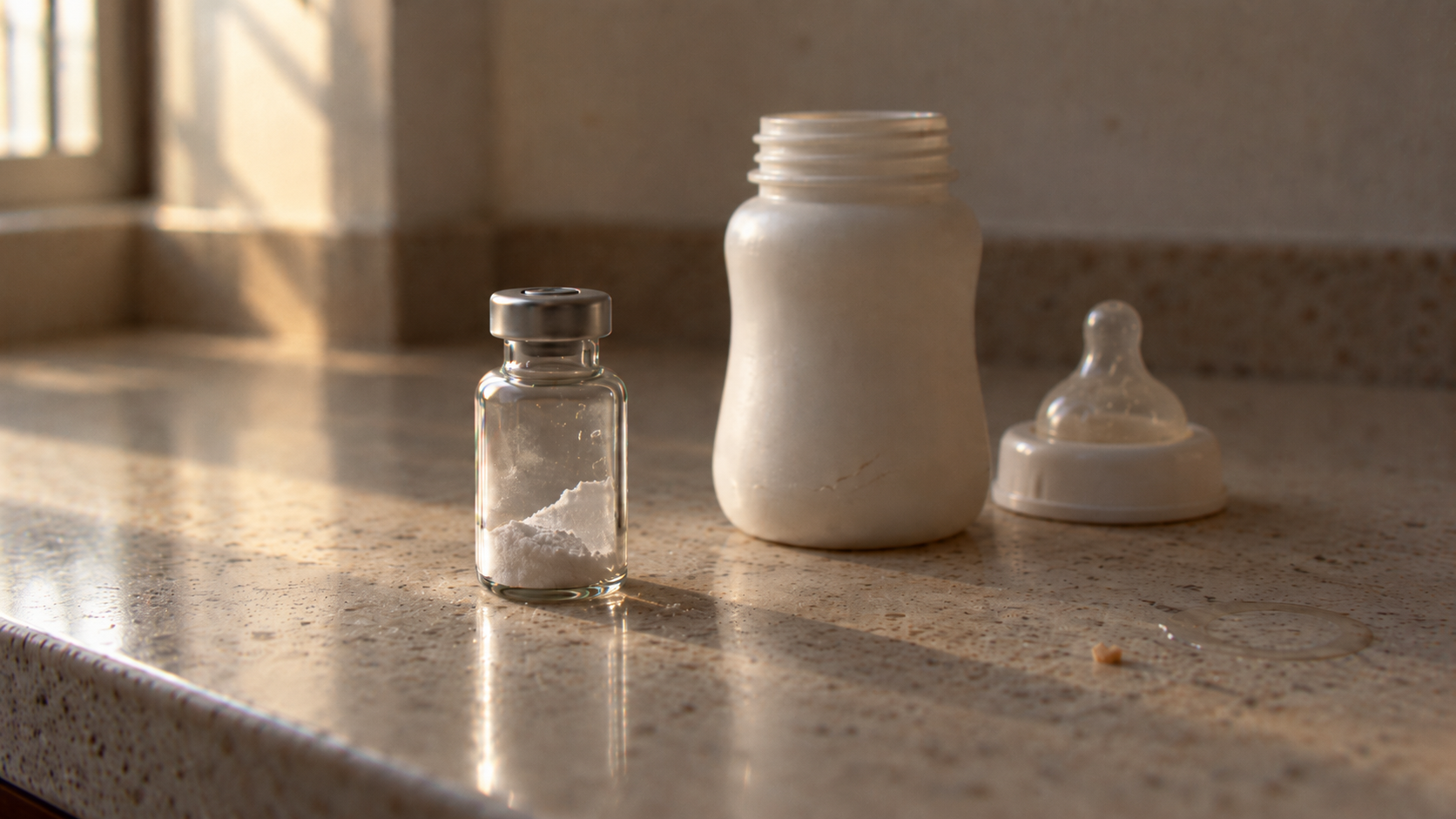 A small vial beside a baby bottle and teat on a sunlit kitchen counter
