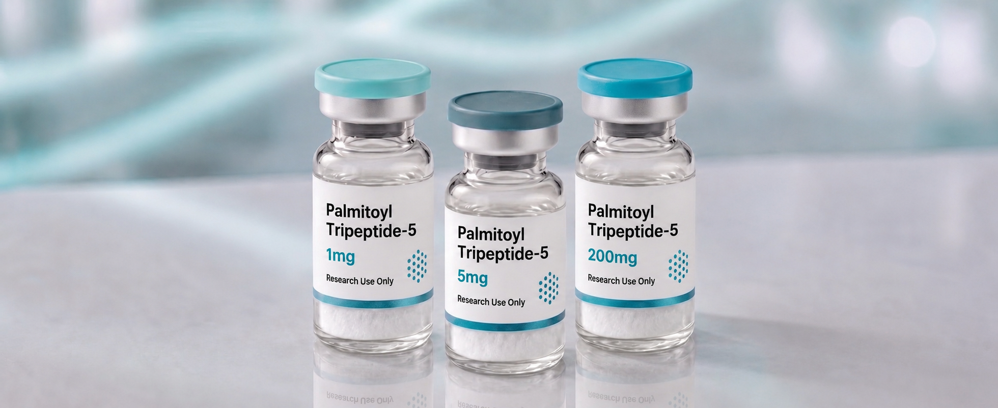A row of Palmitoyl Tripeptide-5 research vials, mock product photograph