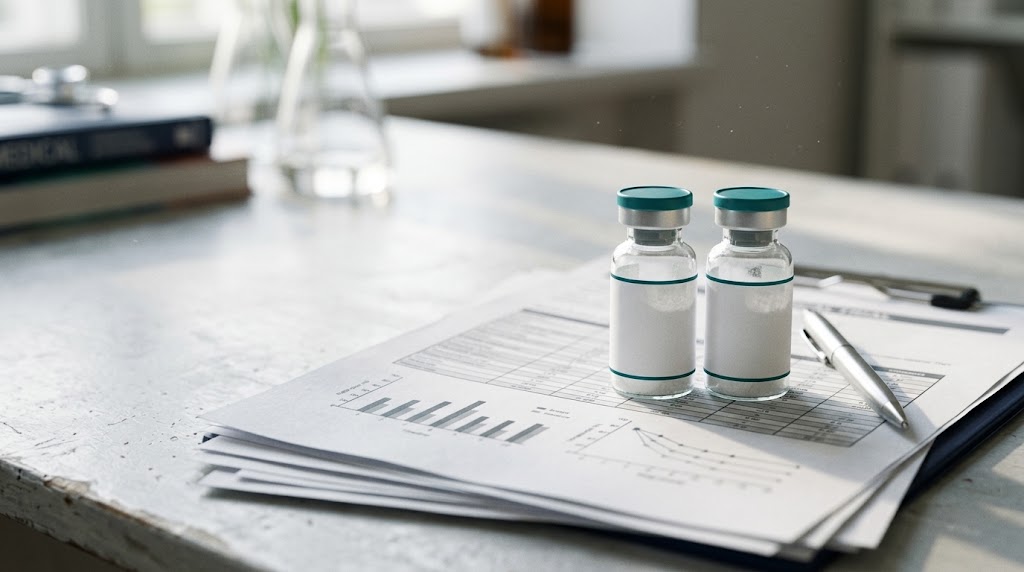 Two peptide vials standing on printed clinical trial results beside a pen