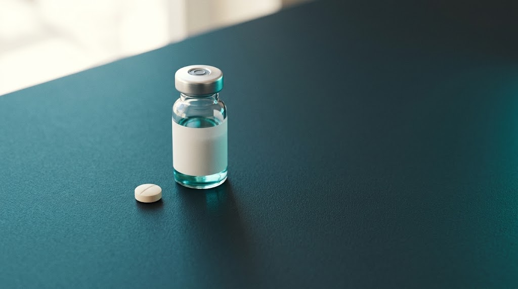 A single white tablet beside a small glass vial on a dark teal surface