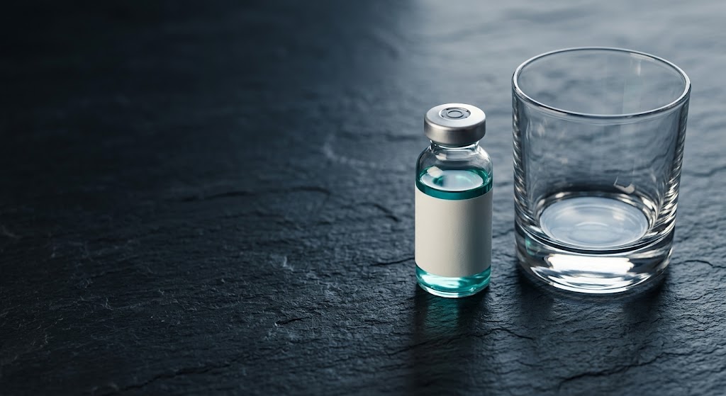 Unlabelled peptide vial beside a glass of water on a dark surface