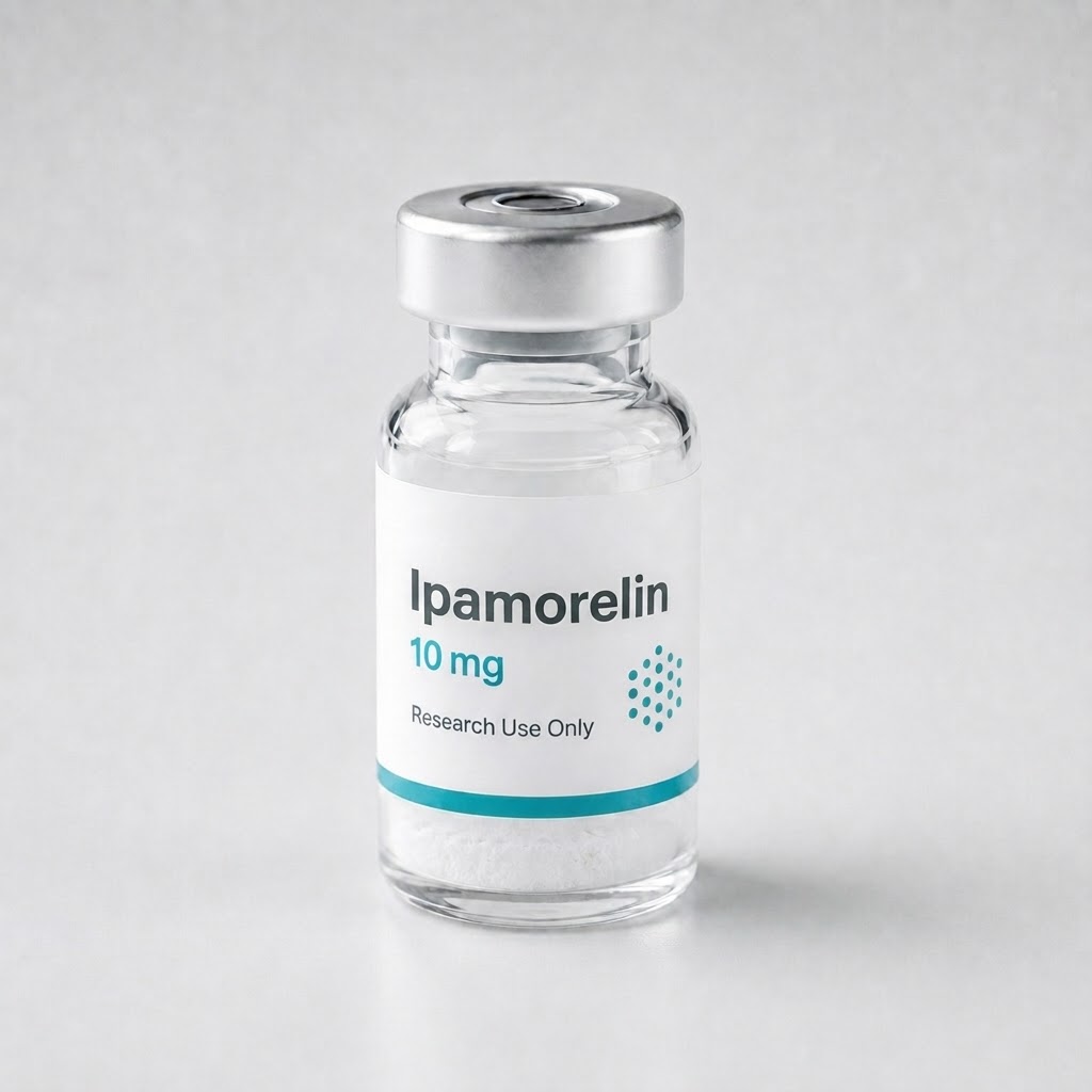 Research vial labeled Ipamorelin 10 mg containing white lyophilized powder