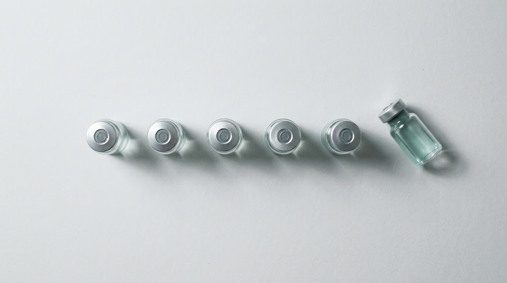 Six small glass vials on a pale grey surface, five standing upright in a row and one lying on its side